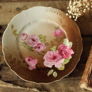 Vintage Antique 1800s 1900s Plate, CT Carl Tielsch Austria Pink and Brown Rose